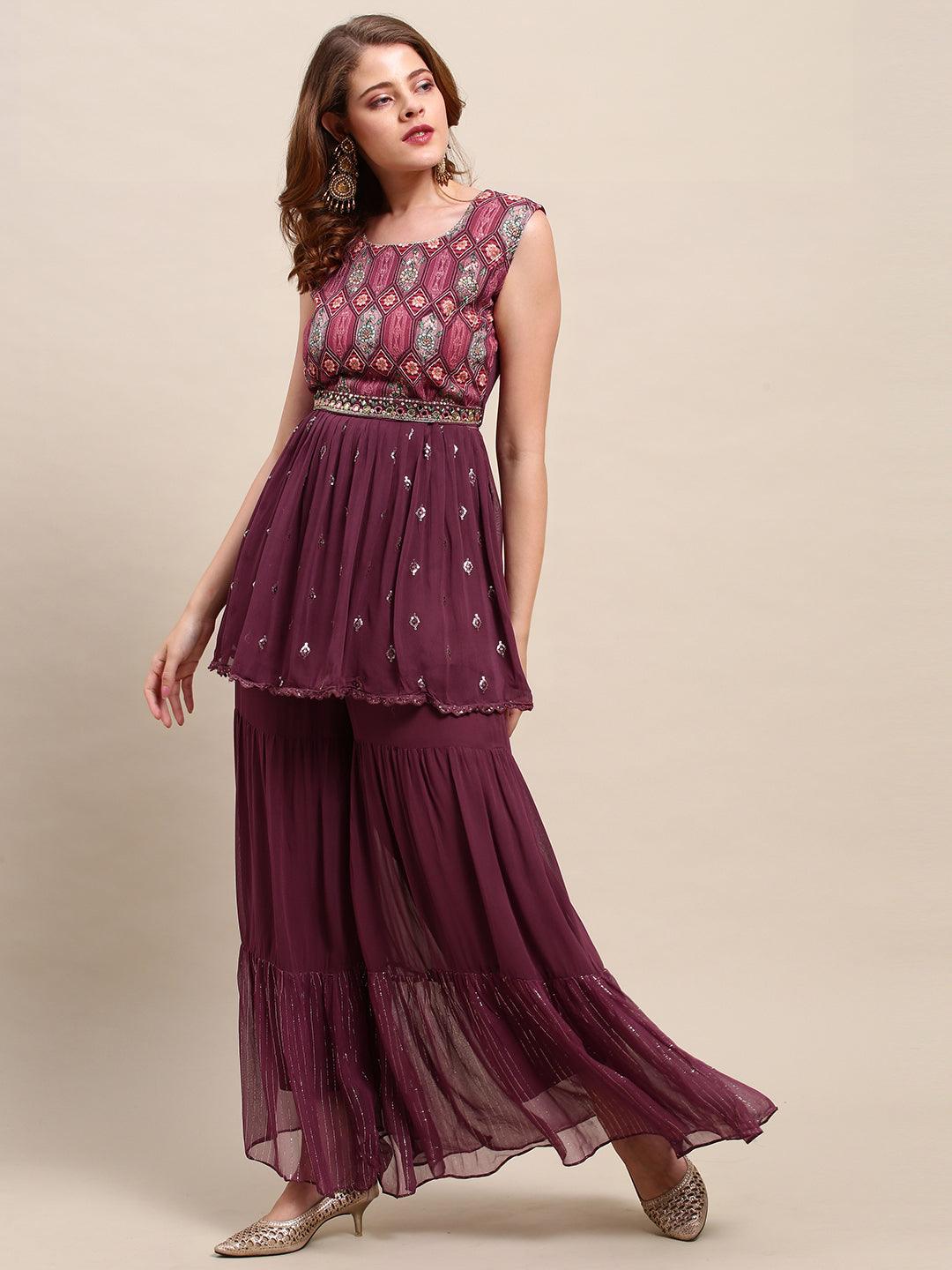 Embroidered & Floral Printed Peplum & Sharara with Dupatta & Belt - Wine - Indiakreations