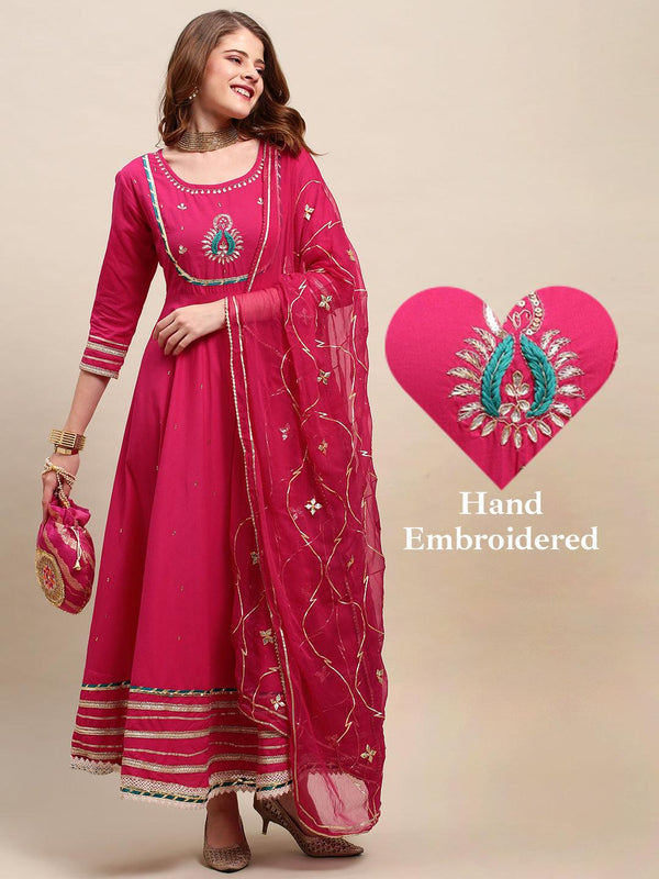 Ethnic Hand Embroidered Flared Kurta with Pants and Dupatta - Hot Pink - Indiakreations