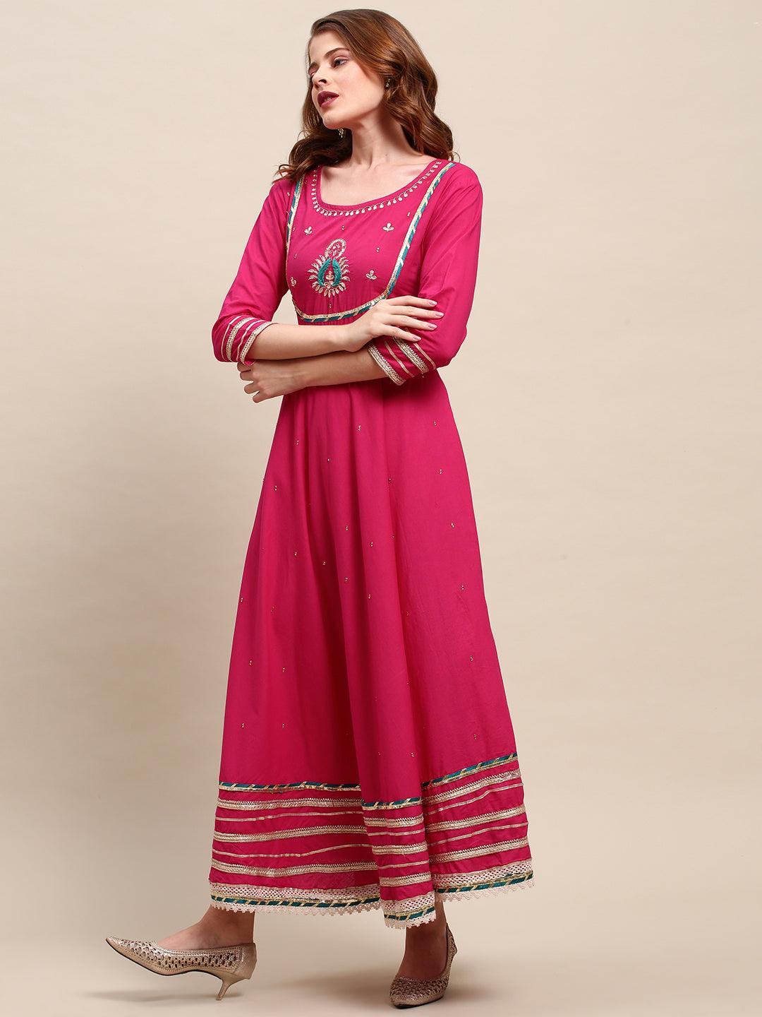 Ethnic Hand Embroidered Flared Kurta with Pants and Dupatta - Hot Pink - Indiakreations