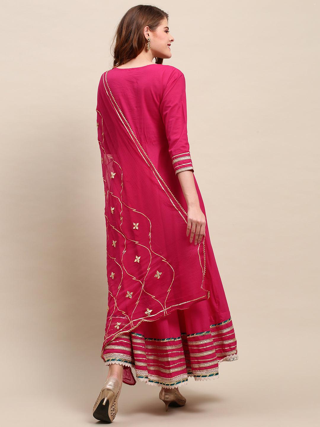 Ethnic Hand Embroidered Flared Kurta with Pants and Dupatta - Hot Pink - Indiakreations