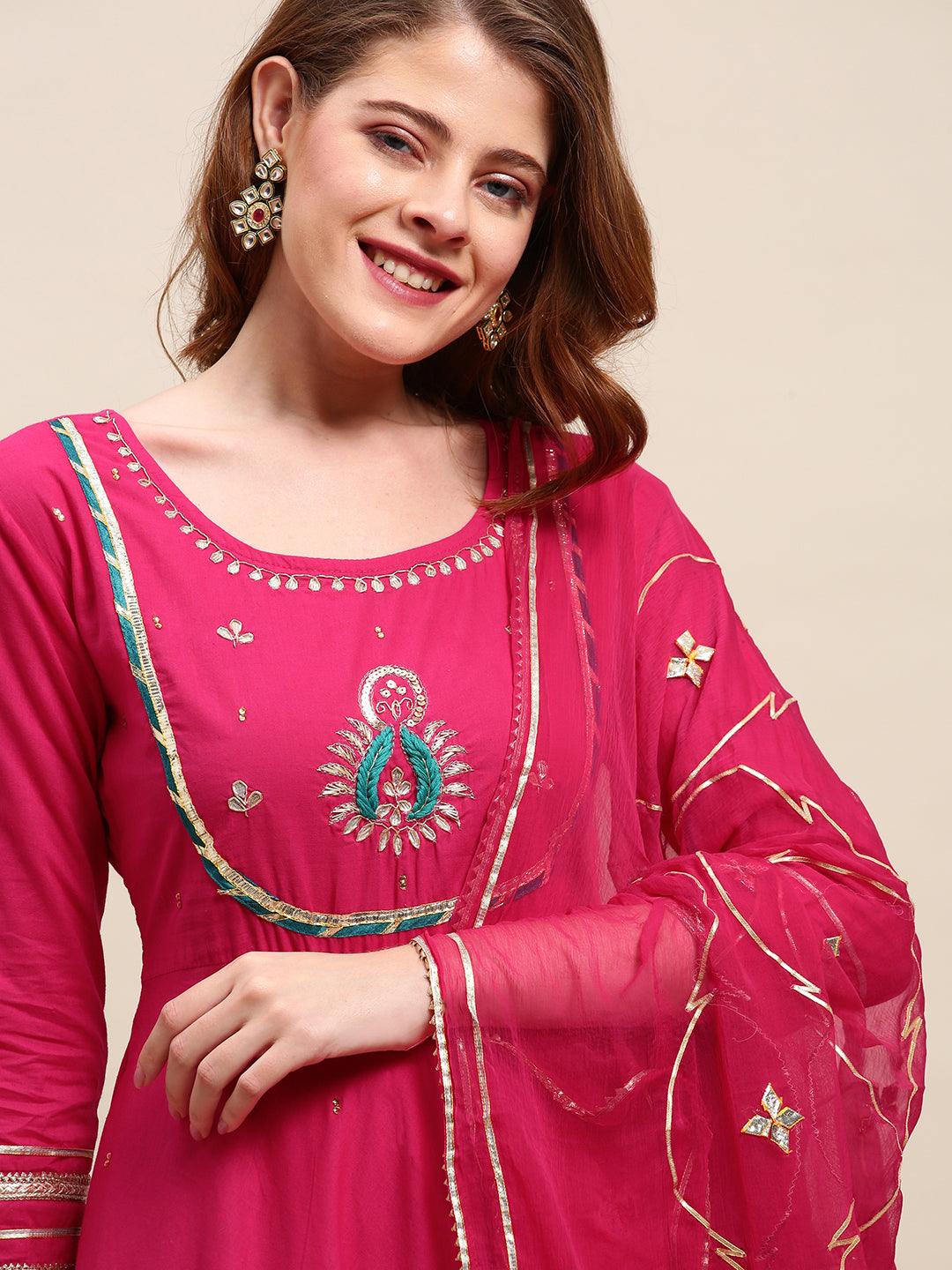 Ethnic Hand Embroidered Flared Kurta with Pants and Dupatta - Hot Pink - Indiakreations