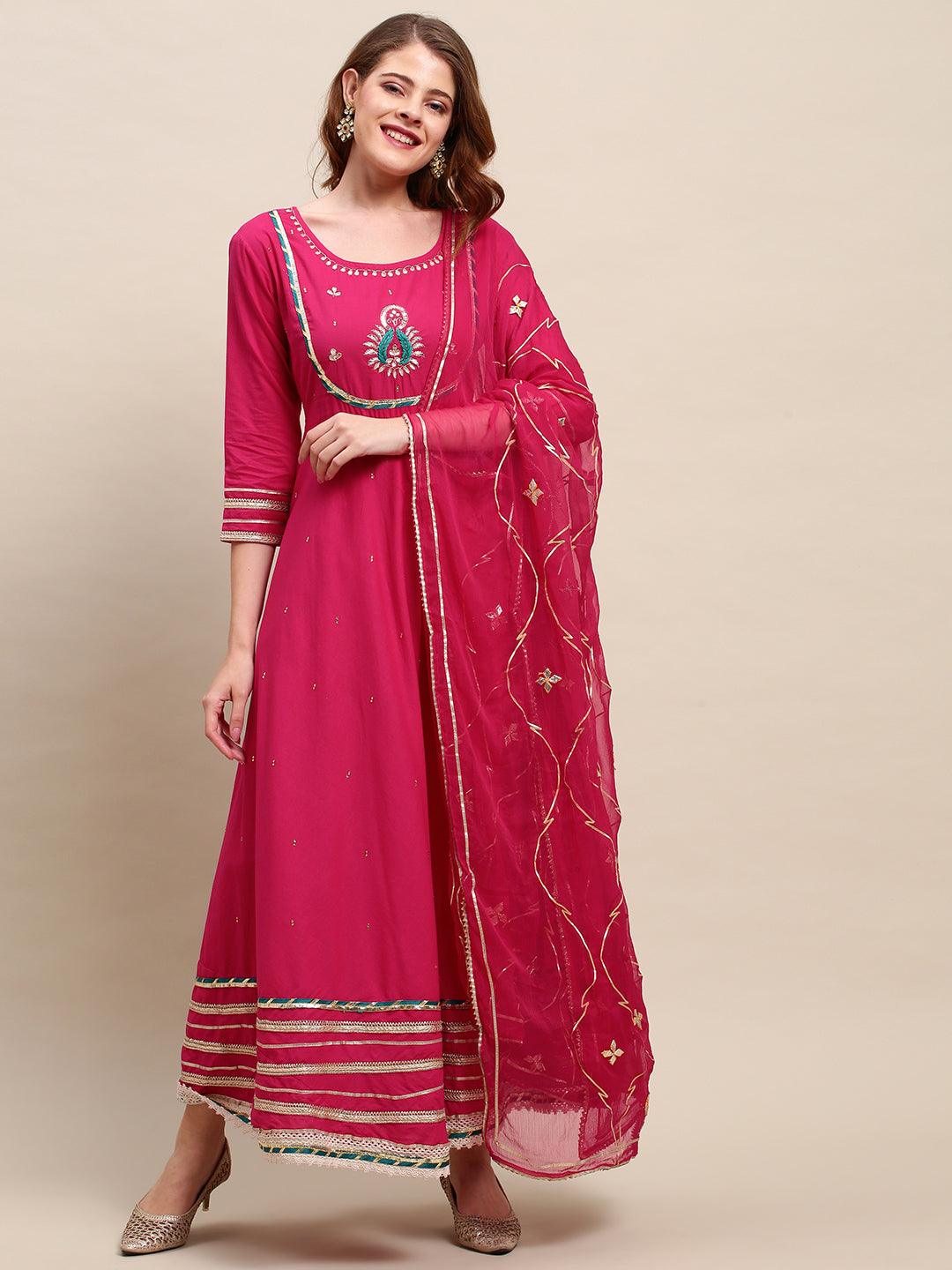 Ethnic Hand Embroidered Flared Kurta with Pants and Dupatta - Hot Pink - Indiakreations