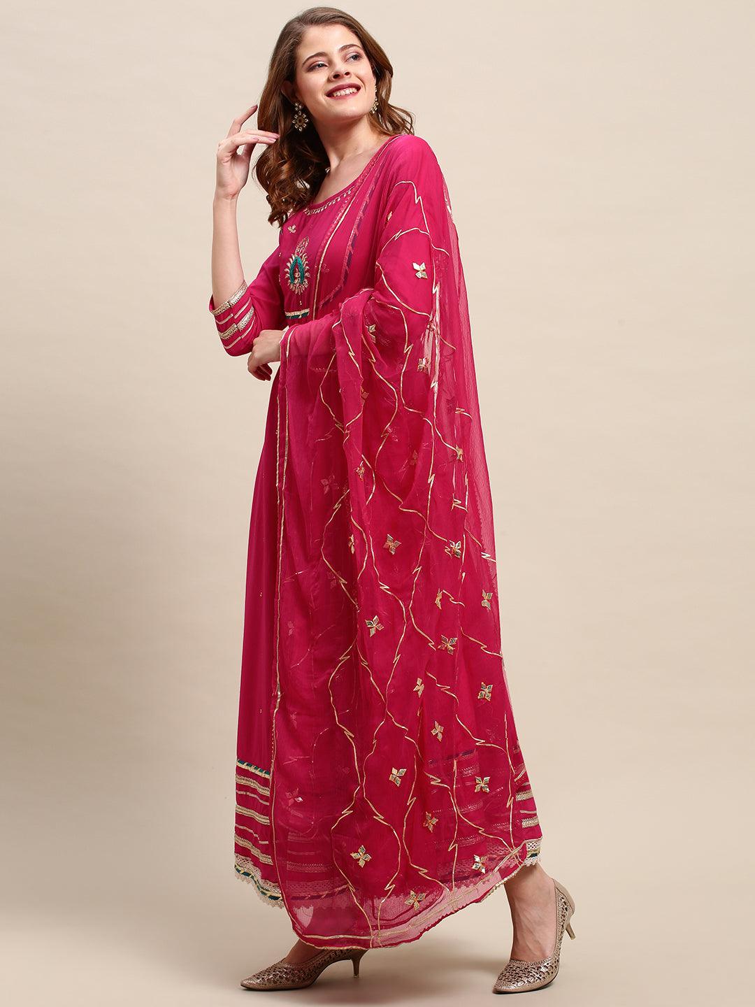 Ethnic Hand Embroidered Flared Kurta with Pants and Dupatta - Hot Pink - Indiakreations