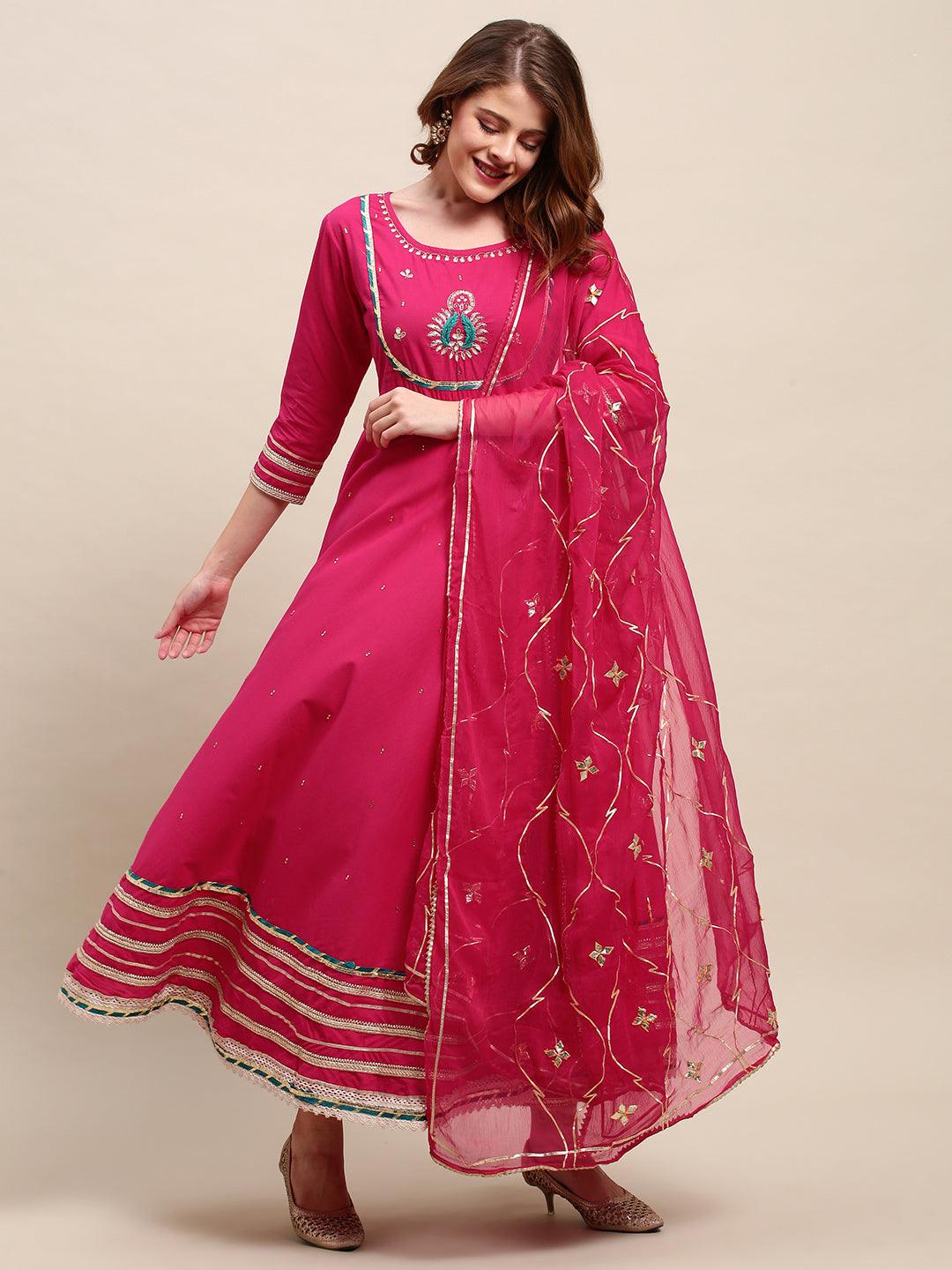 Ethnic Hand Embroidered Flared Kurta with Pants and Dupatta - Hot Pink - Indiakreations