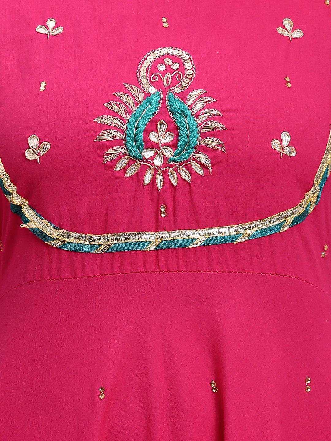 Ethnic Hand Embroidered Flared Kurta with Pants and Dupatta - Hot Pink - Indiakreations