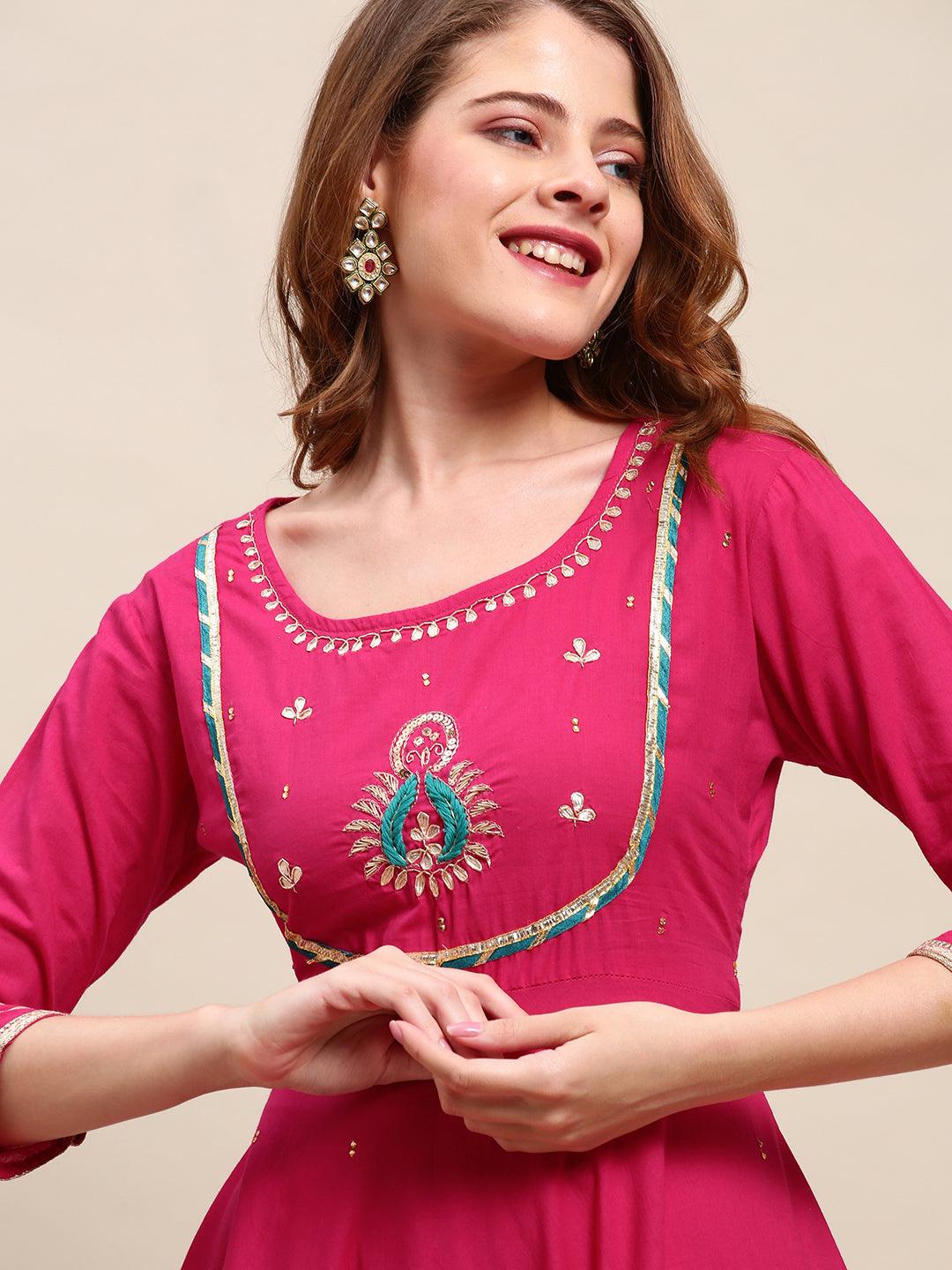 Ethnic Hand Embroidered Flared Kurta with Pants and Dupatta - Hot Pink - Indiakreations