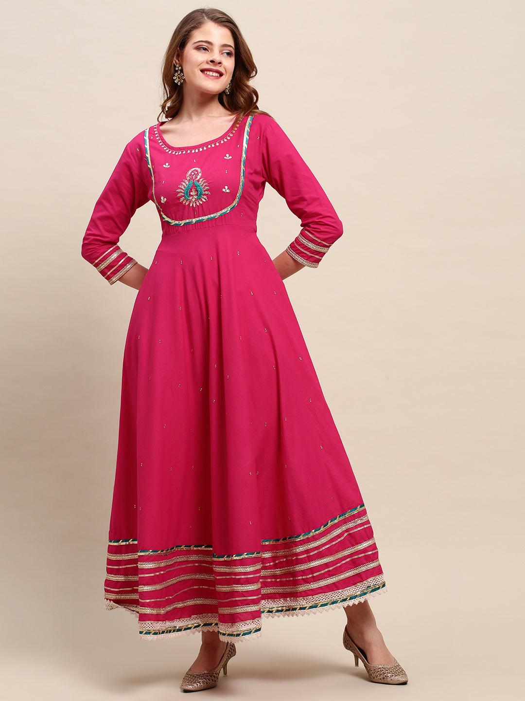 Ethnic Hand Embroidered Flared Kurta with Pants and Dupatta - Hot Pink - Indiakreations