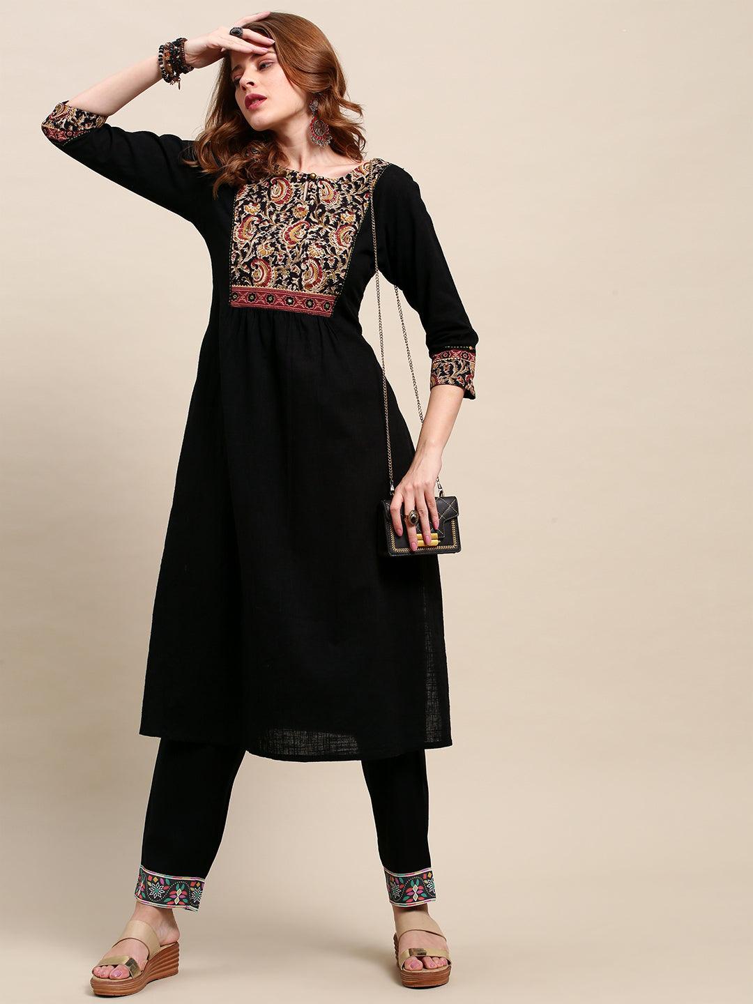 Black Solid A-Line Flared Kurta - Black - Indiakreations