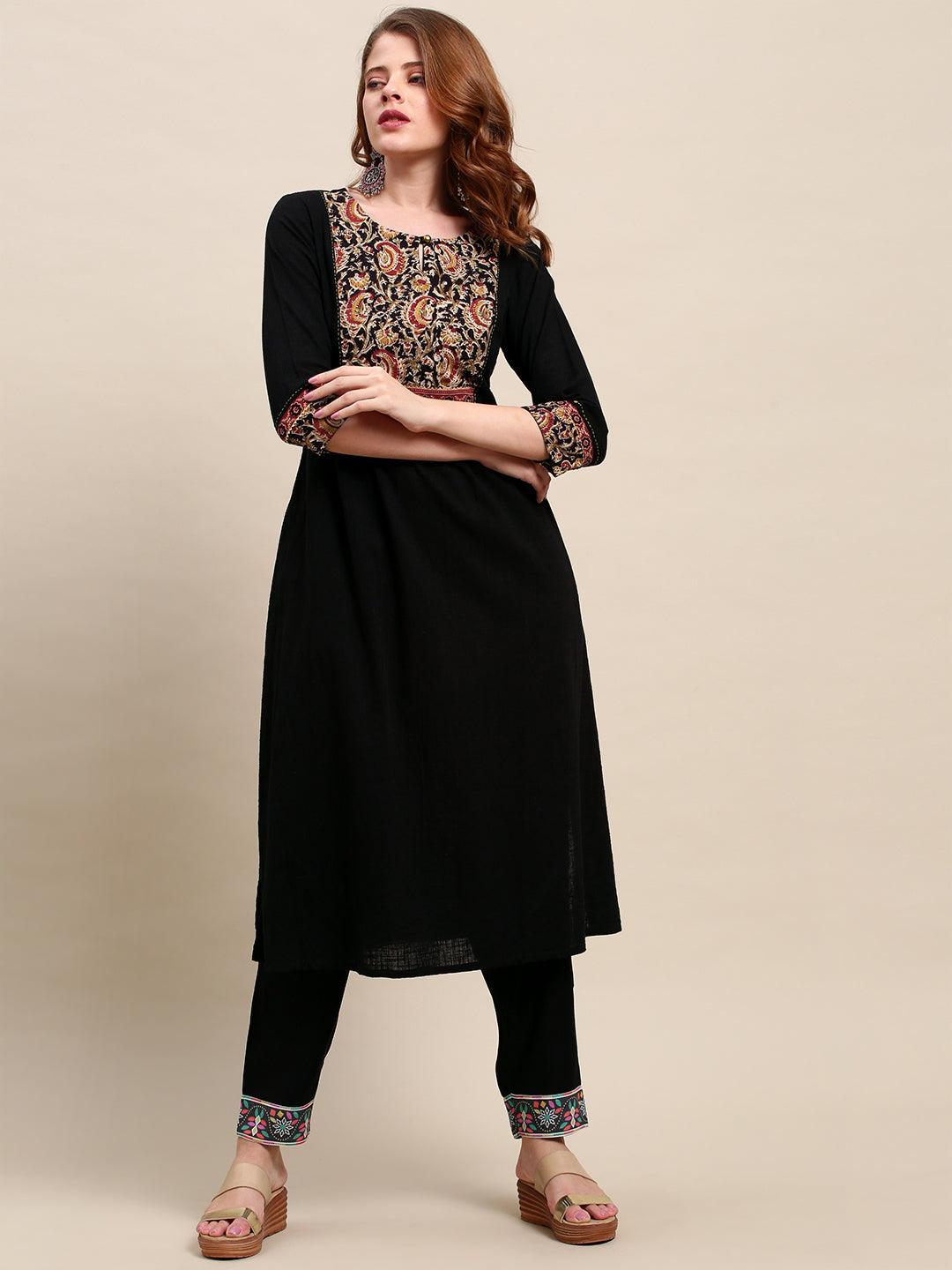 Black Solid A-Line Flared Kurta - Black - Indiakreations