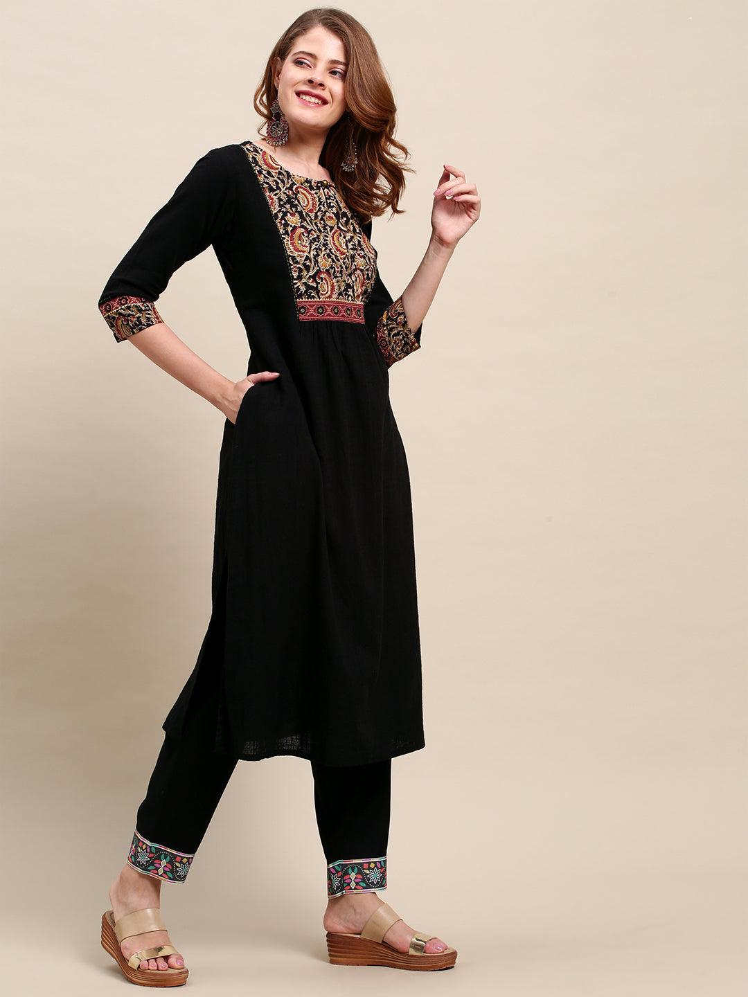 Black Solid A-Line Flared Kurta - Black - Indiakreations