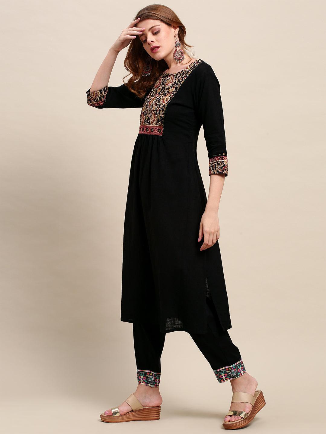 Black Solid A-Line Flared Kurta - Black - Indiakreations