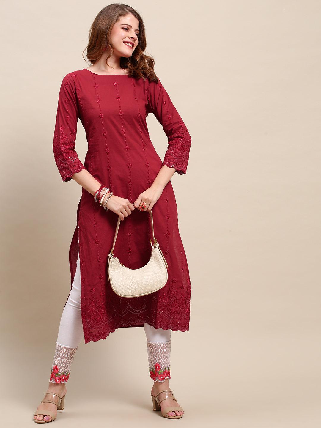 Ethnic Embroidered Solid Straight Fit Kurta - Red - Indiakreations