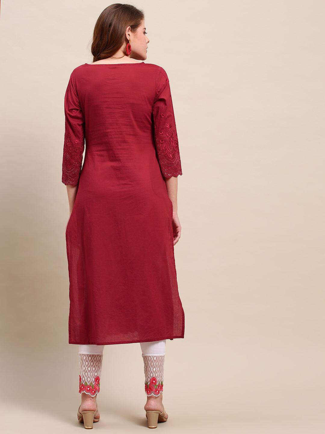 Ethnic Embroidered Solid Straight Fit Kurta - Red - Indiakreations