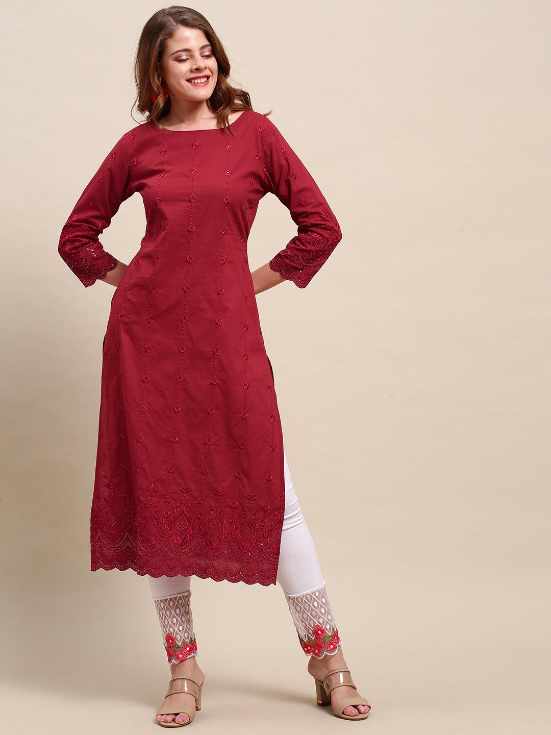 Ethnic Embroidered Solid Straight Fit Kurta - Red - Indiakreations