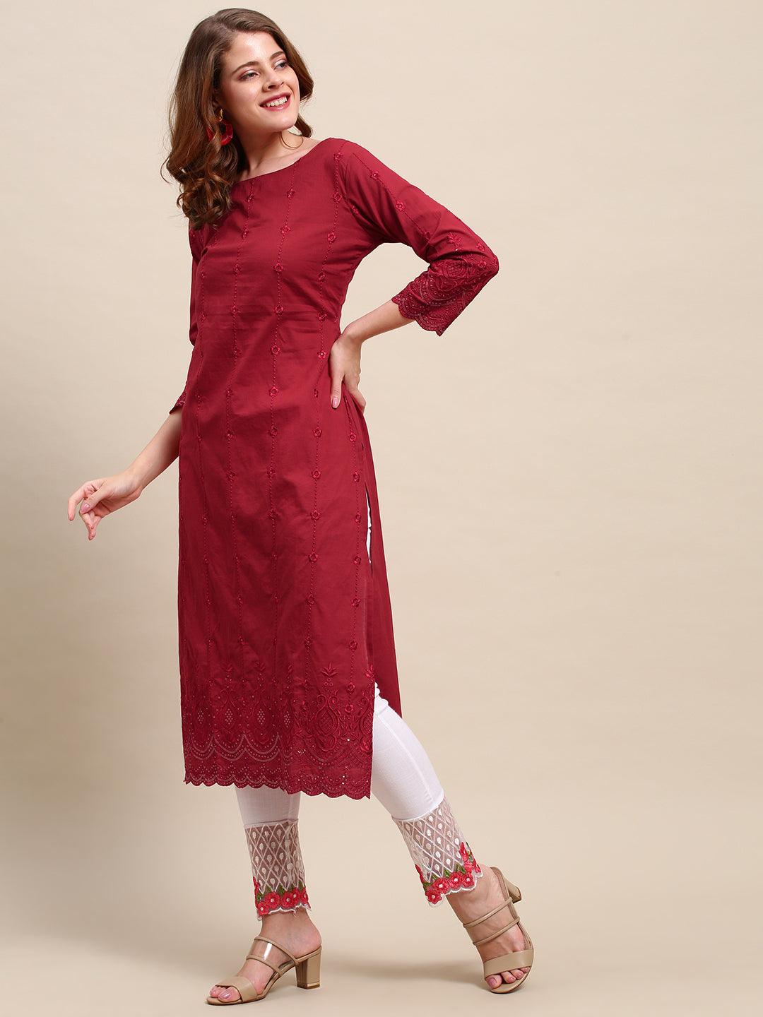 Ethnic Embroidered Solid Straight Fit Kurta - Red - Indiakreations