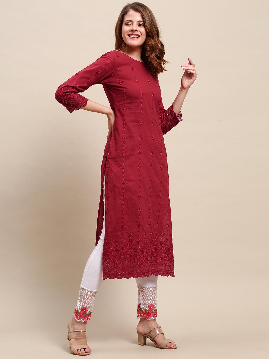 Ethnic Embroidered Solid Straight Fit Kurta - Red - Indiakreations