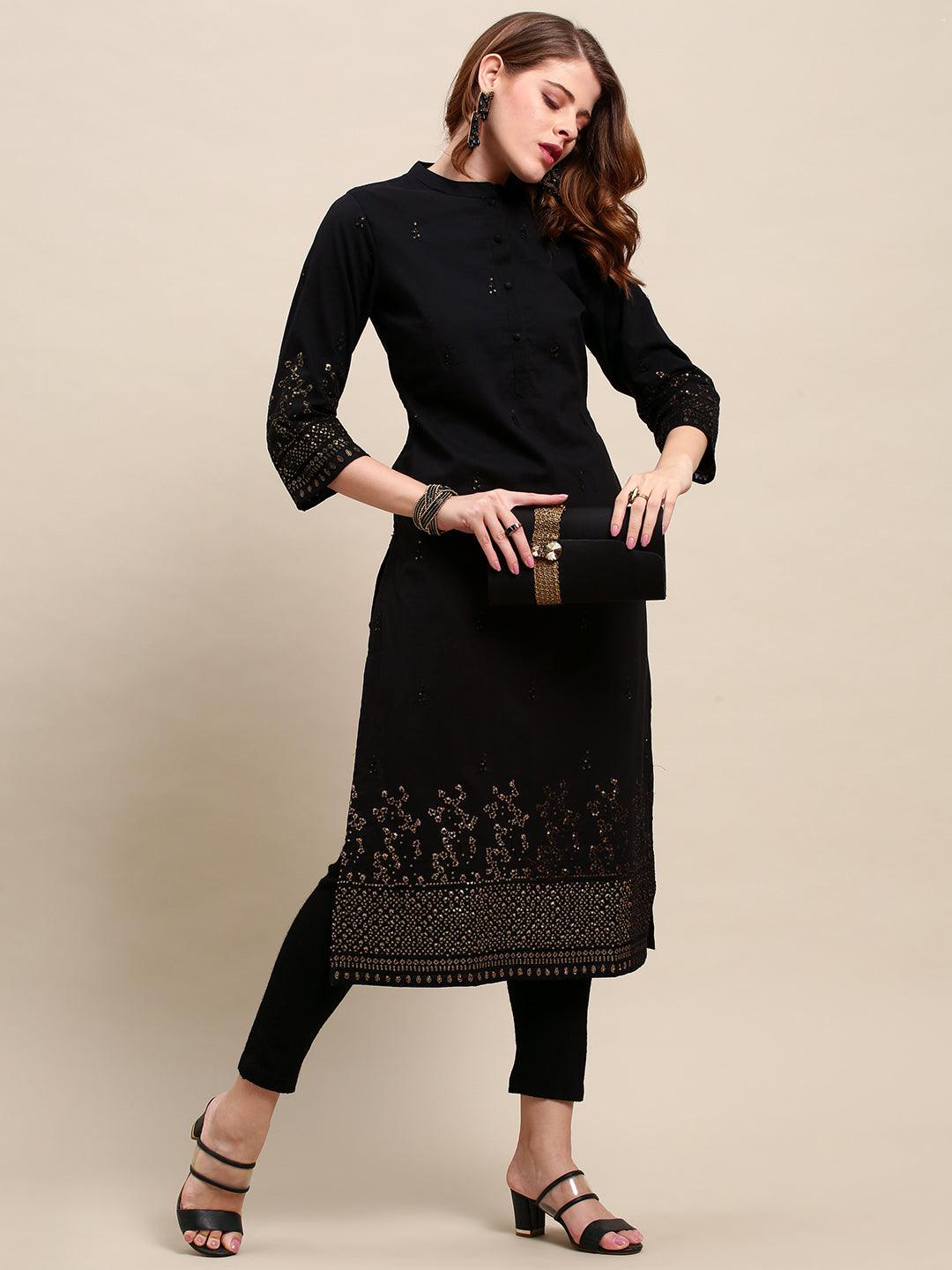 Ethnic Sequin Embroidered Straight Black Kurta - Black - Indiakreations