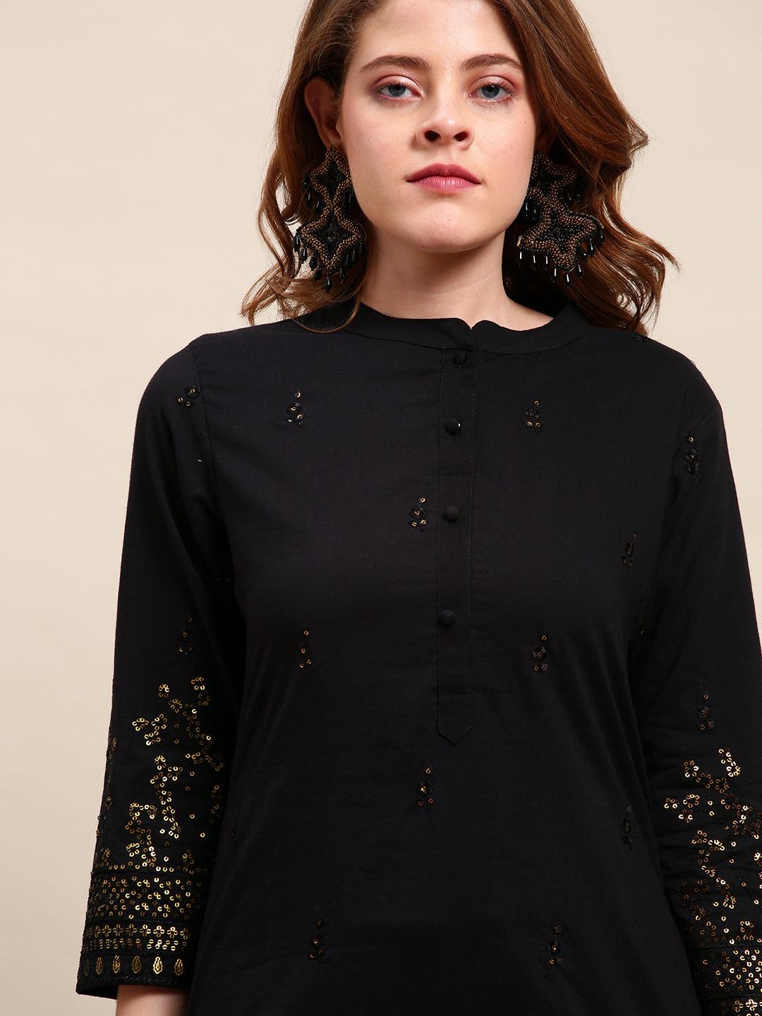 Ethnic Sequin Embroidered Straight Black Kurta - Black - Indiakreations