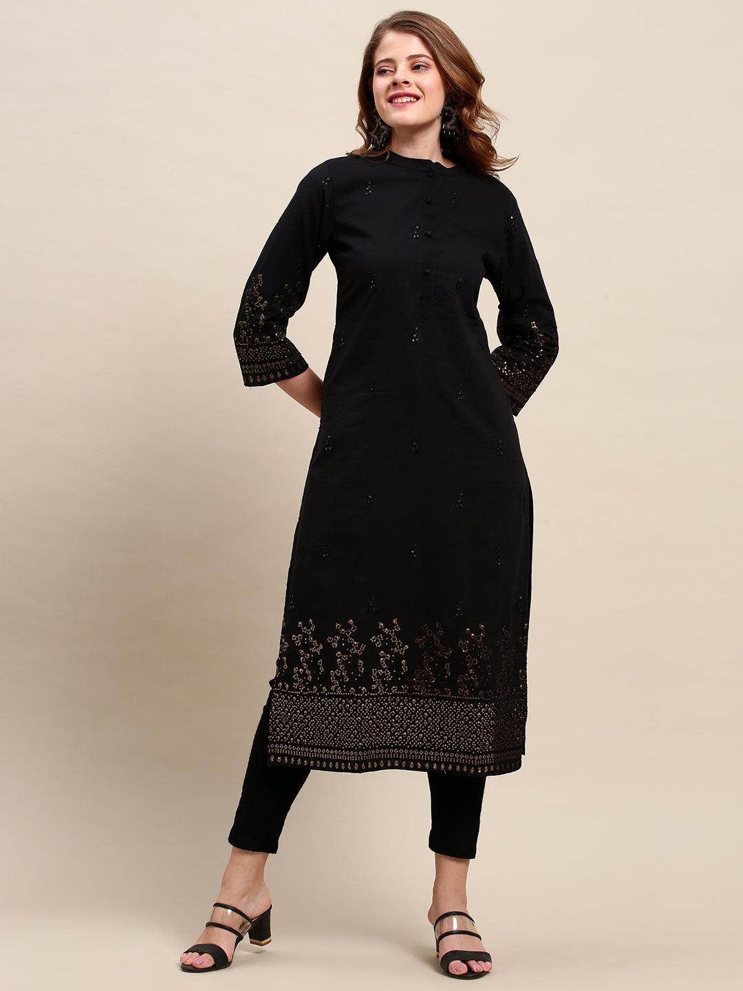 Ethnic Sequin Embroidered Straight Black Kurta - Black - Indiakreations