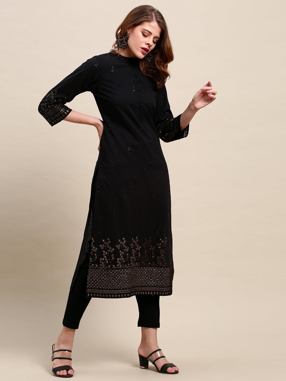 Ethnic Sequin Embroidered Straight Black Kurta - Black - Indiakreations