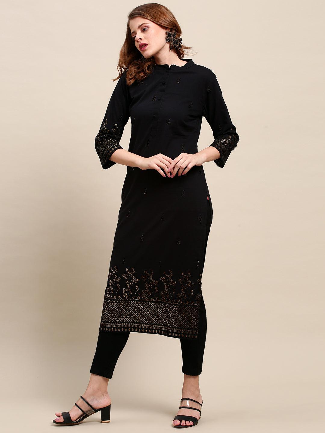 Ethnic Sequin Embroidered Straight Black Kurta - Black - Indiakreations