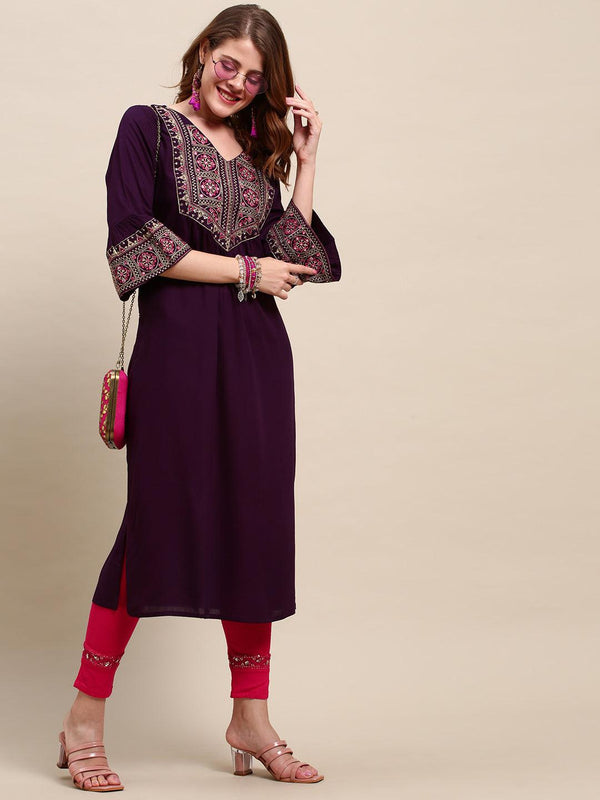 Embroidered Solid A-Line Flared Kurta - Purple - Indiakreations