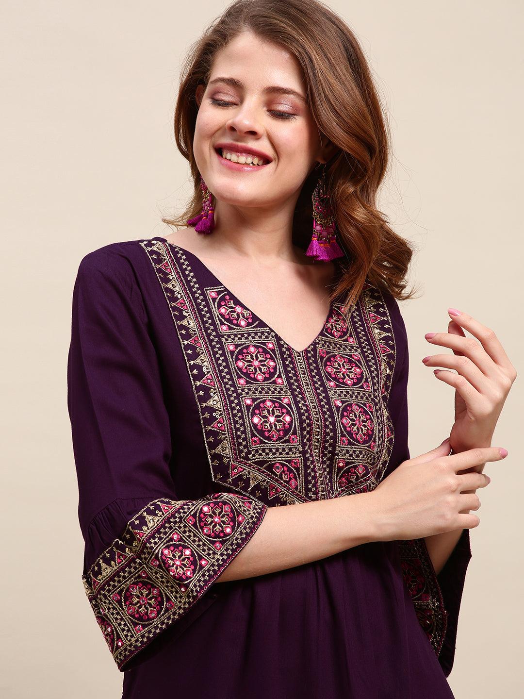 Embroidered Solid A-Line Flared Kurta - Purple - Indiakreations