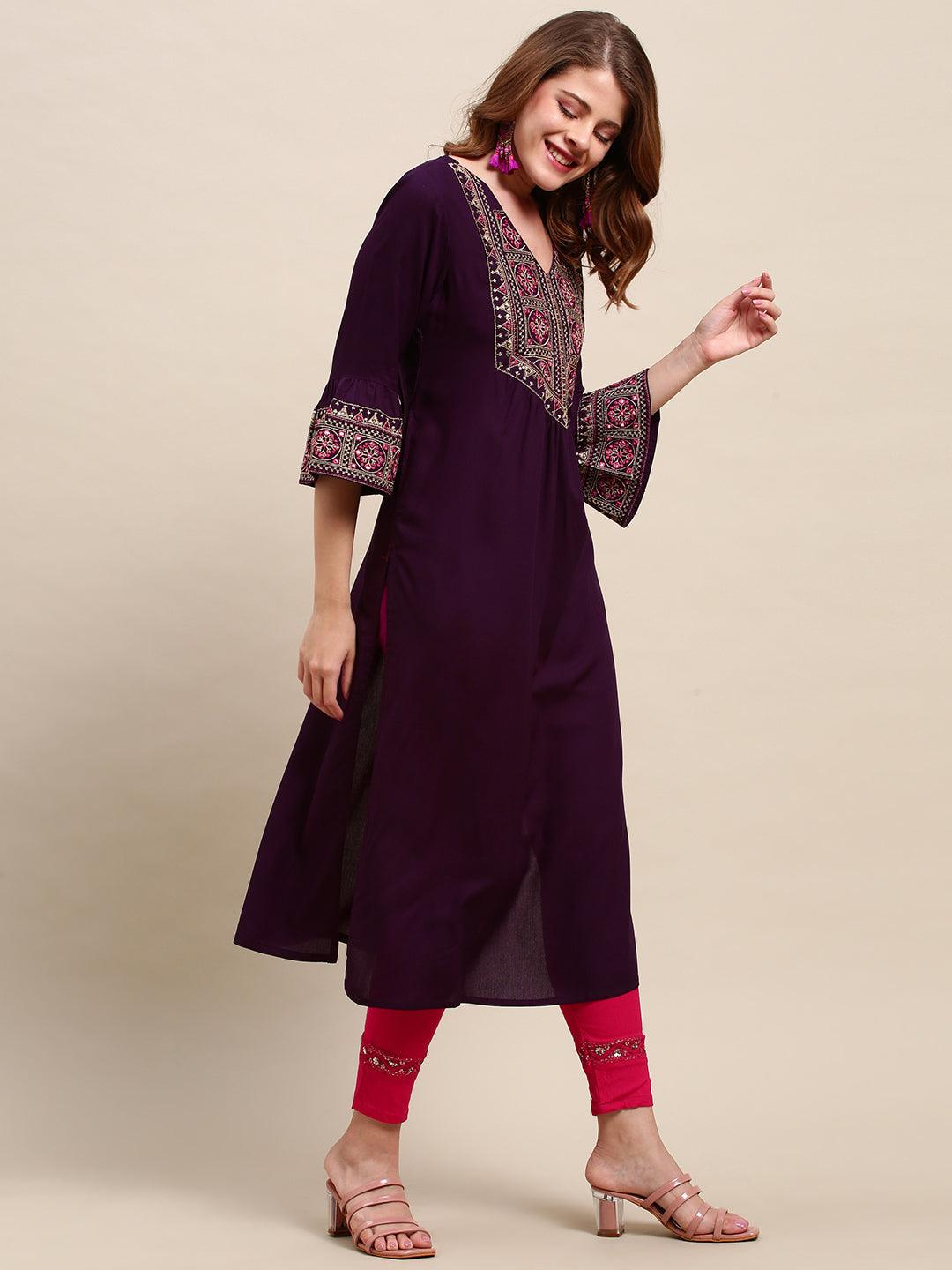 Embroidered Solid A-Line Flared Kurta - Purple - Indiakreations