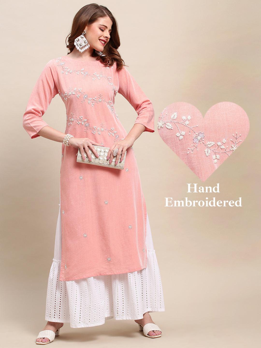 Floral Hand Embroidered Straight Fit Kurta - Peach - Indiakreations