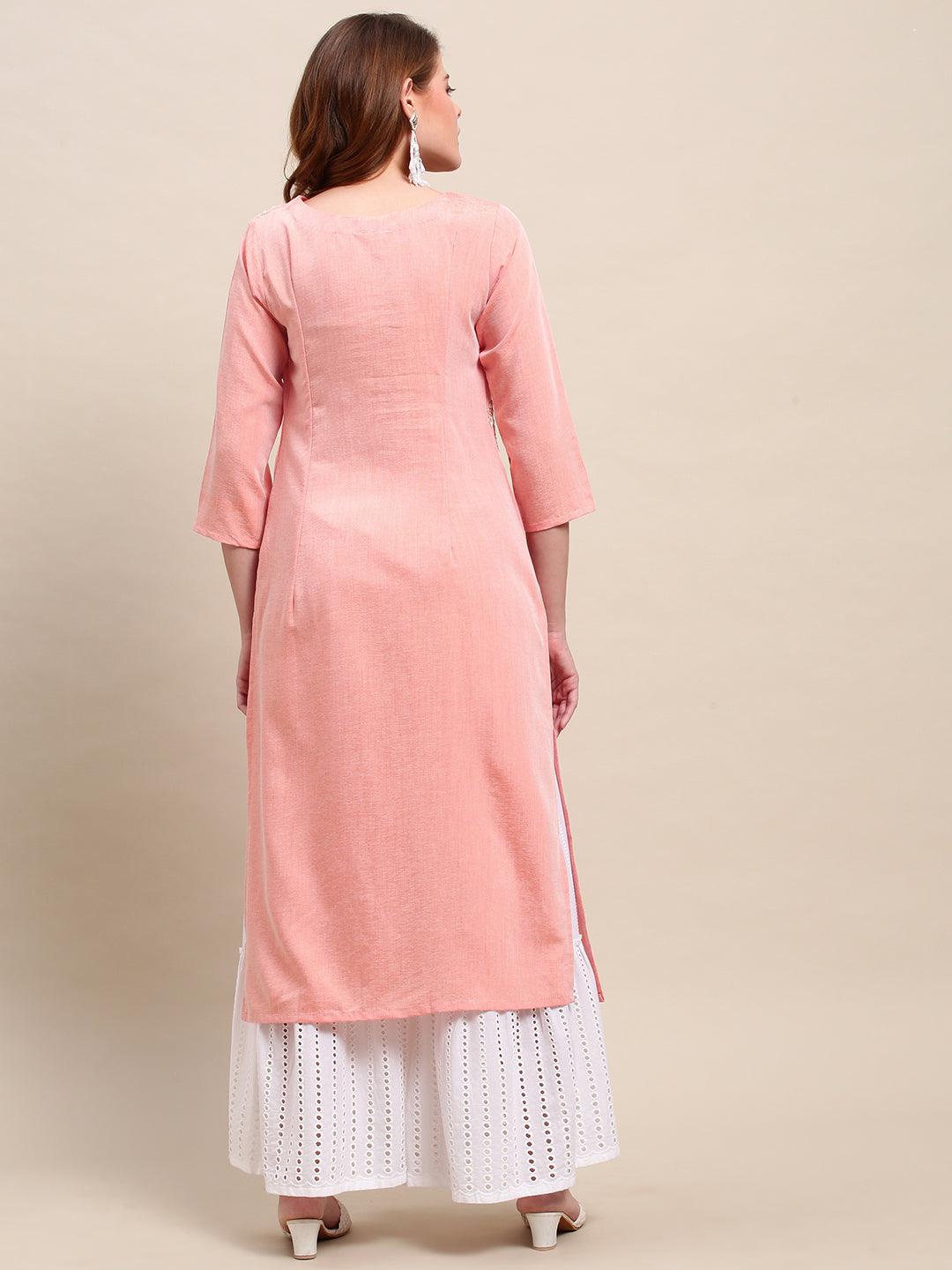 Floral Hand Embroidered Straight Fit Kurta - Peach - Indiakreations