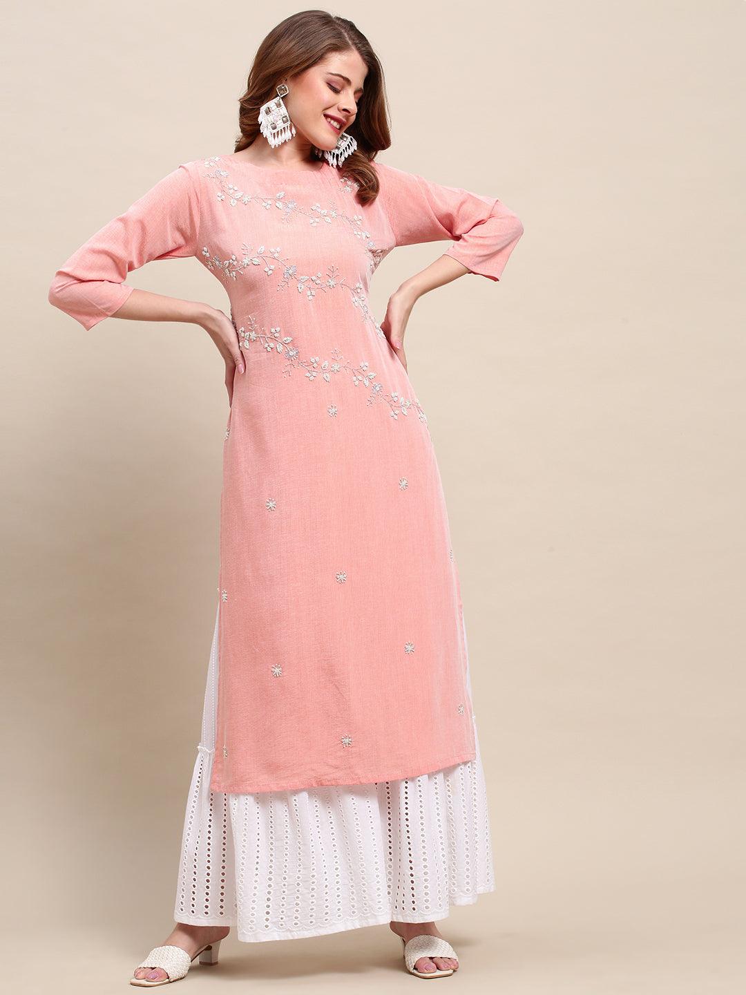 Floral Hand Embroidered Straight Fit Kurta - Peach - Indiakreations