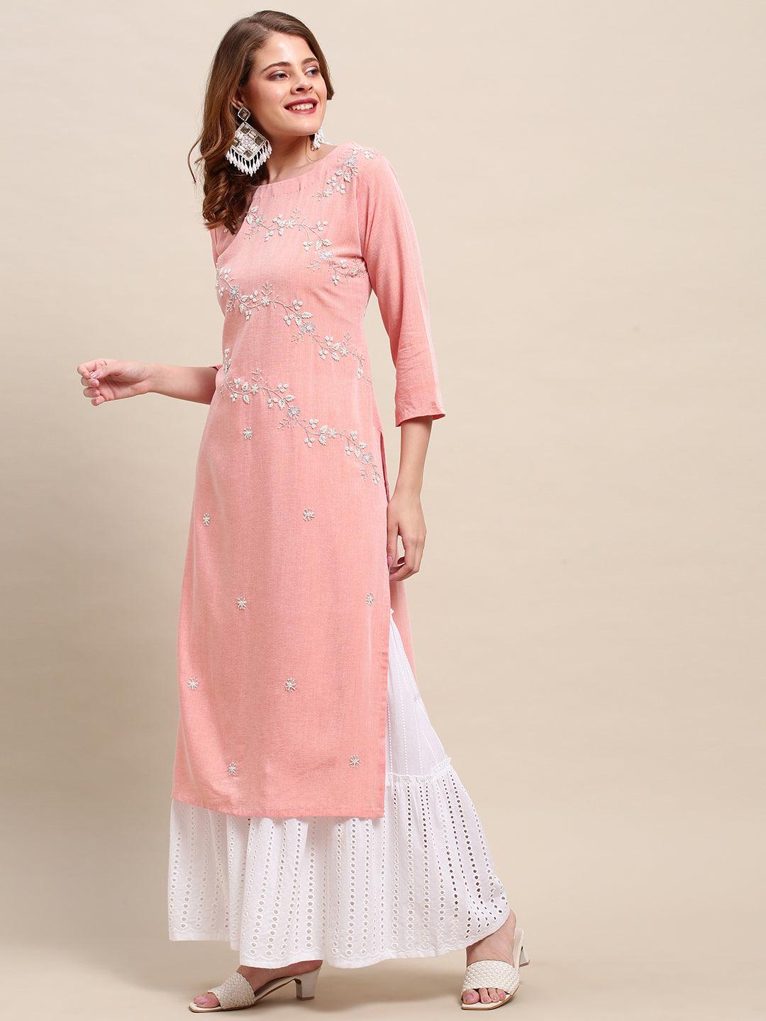 Floral Hand Embroidered Straight Fit Kurta - Peach - Indiakreations