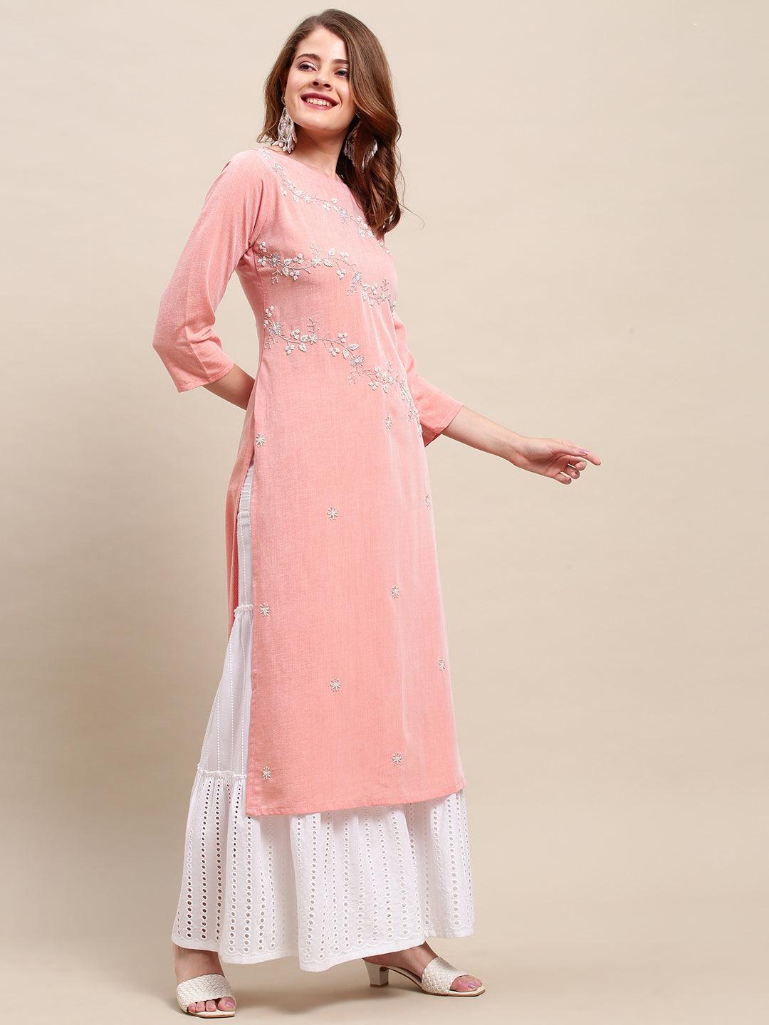 Floral Hand Embroidered Straight Fit Kurta - Peach - Indiakreations