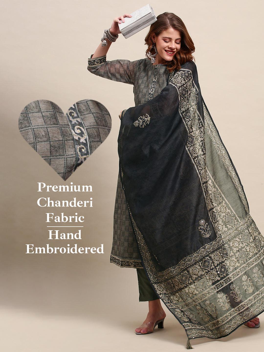 Checkered Printed Kurta with Kantha Hand Embroidered Dupatta - Gray - Indiakreations