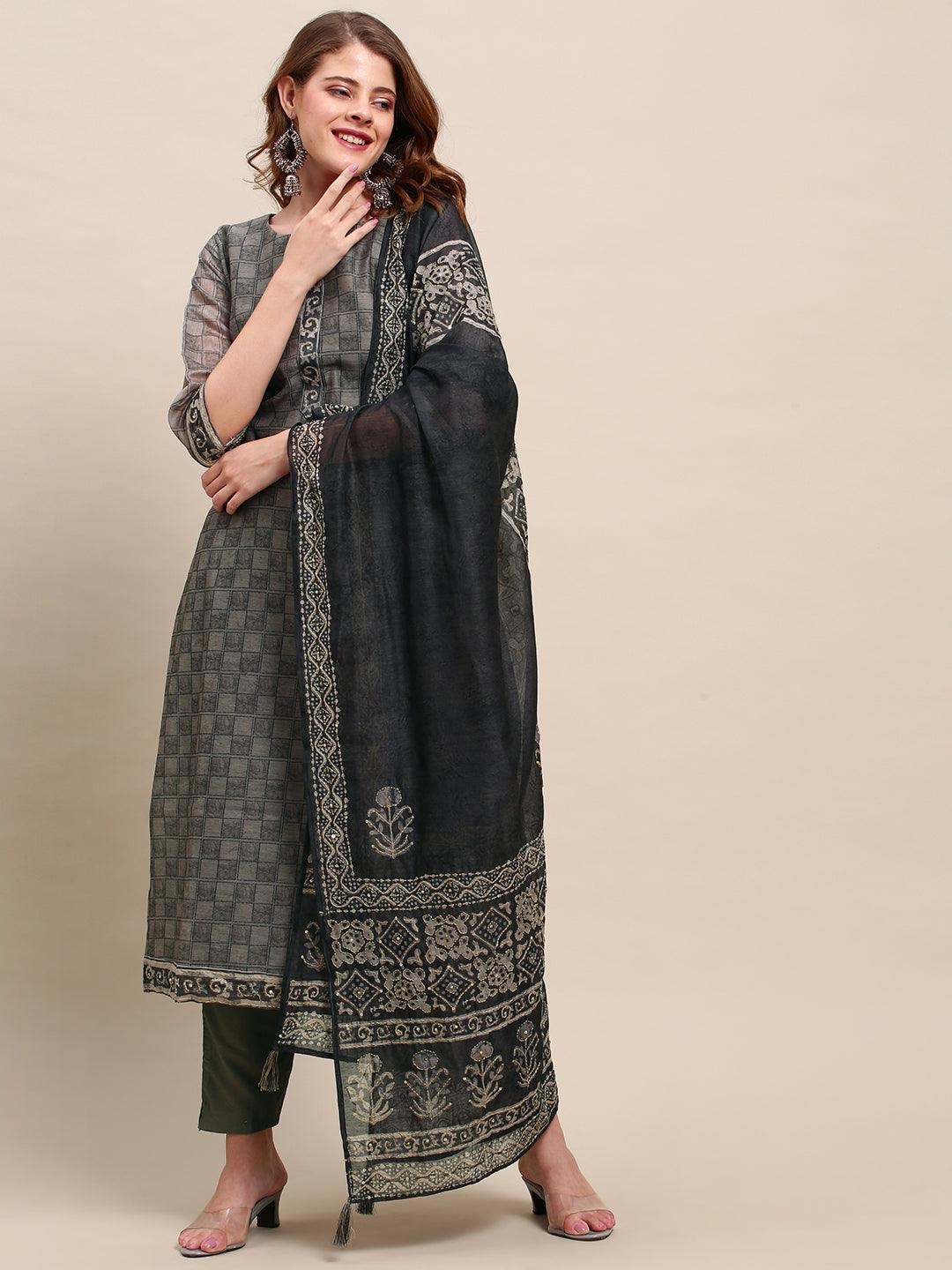 Checkered Printed Kurta with Kantha Hand Embroidered Dupatta - Gray - Indiakreations