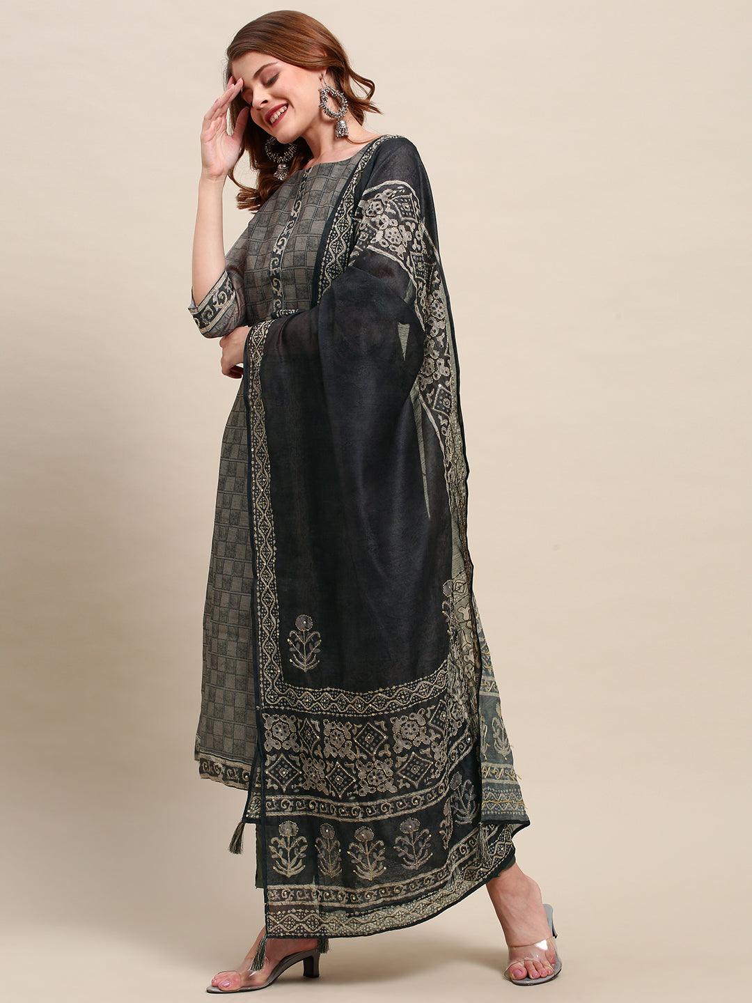 Checkered Printed Kurta with Kantha Hand Embroidered Dupatta - Gray - Indiakreations