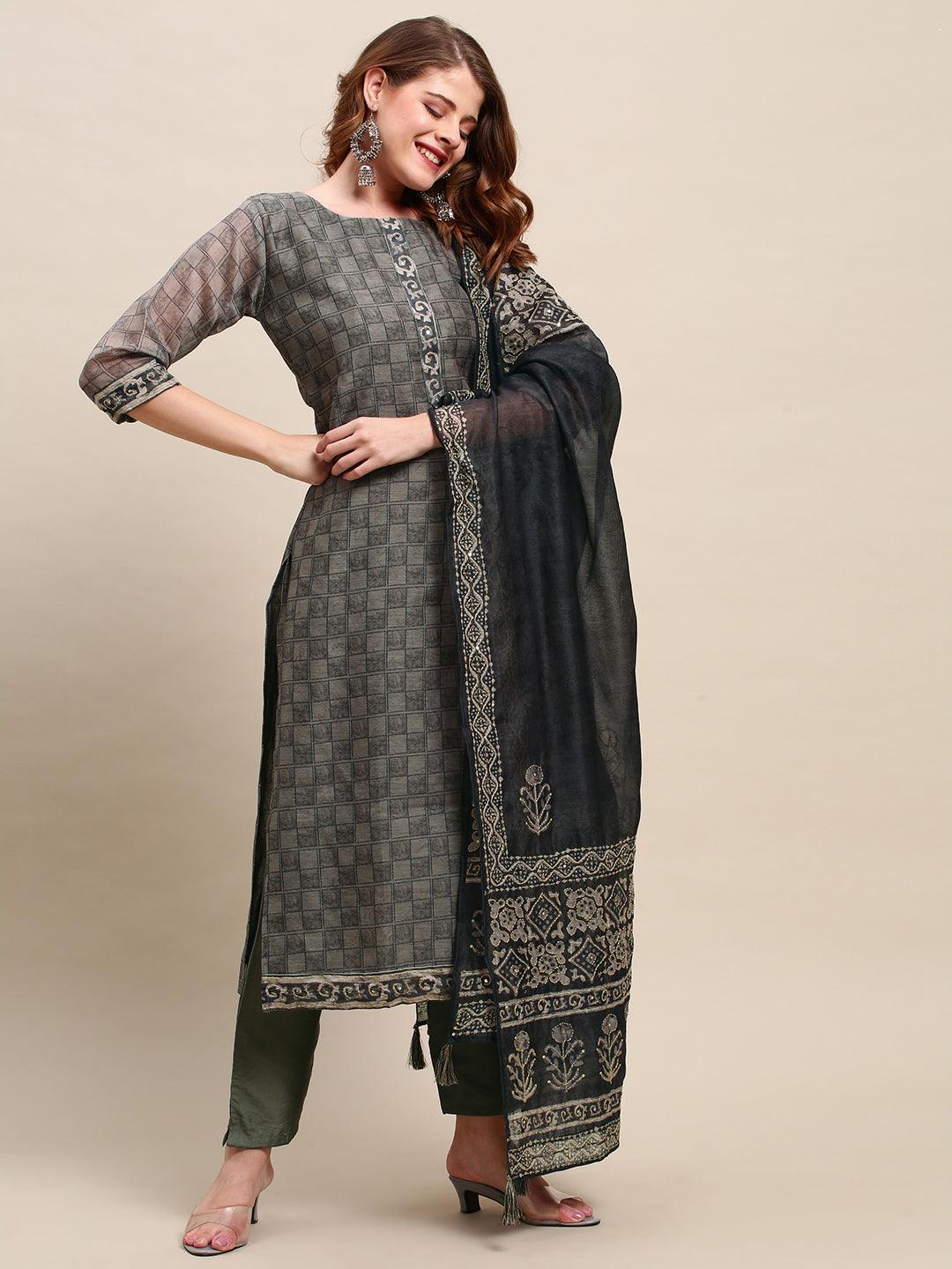 Checkered Printed Kurta with Kantha Hand Embroidered Dupatta - Gray - Indiakreations