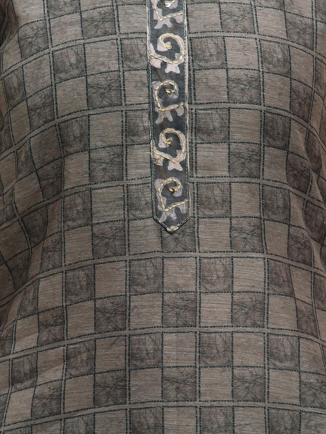 Checkered Printed Kurta with Kantha Hand Embroidered Dupatta - Gray - Indiakreations