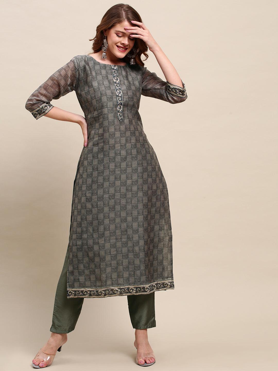 Checkered Printed Kurta with Kantha Hand Embroidered Dupatta - Gray - Indiakreations