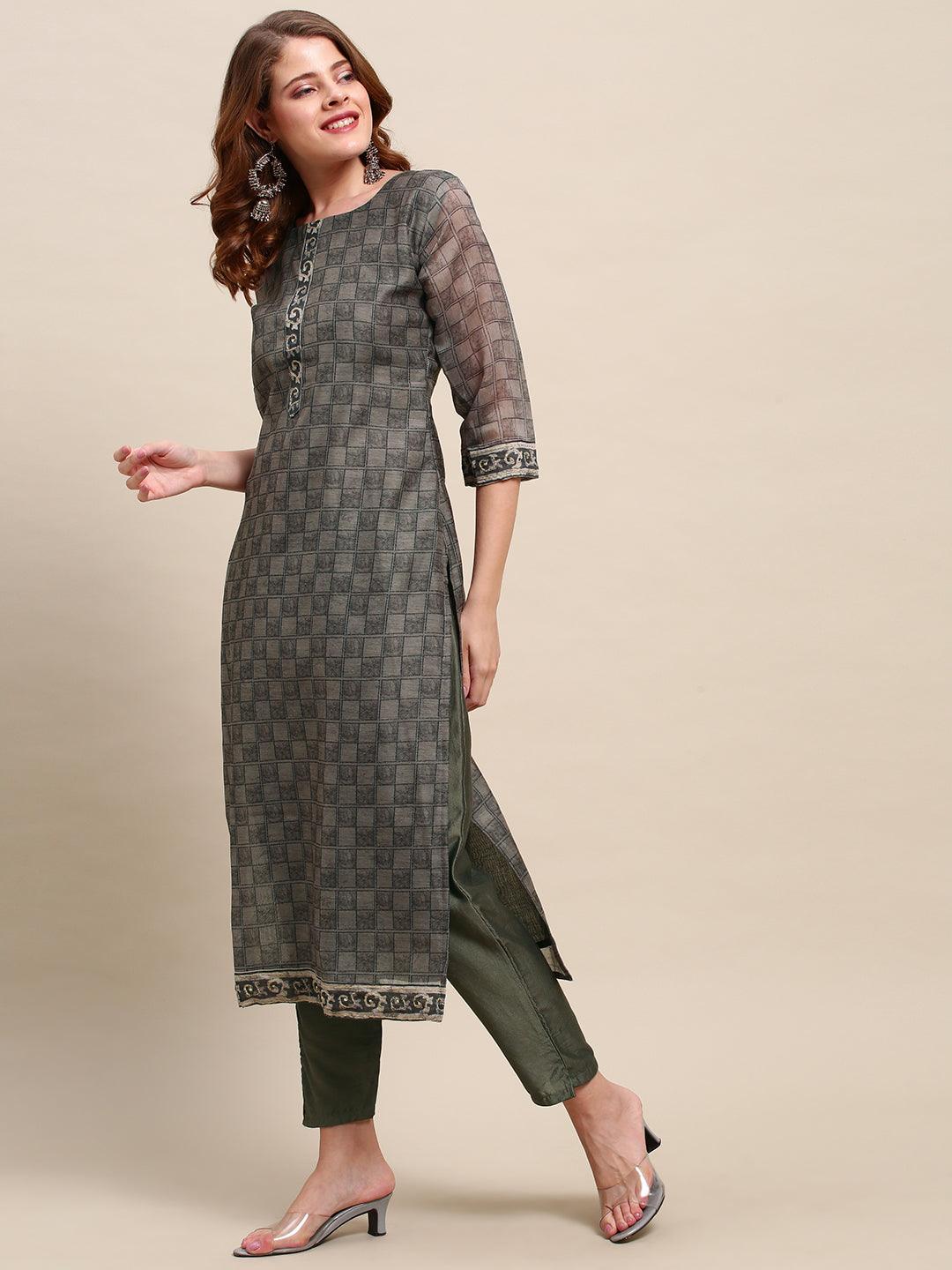 Checkered Printed Kurta with Kantha Hand Embroidered Dupatta - Gray - Indiakreations