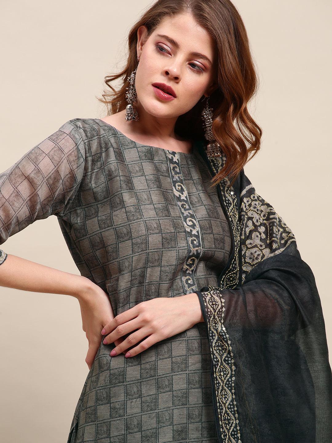 Checkered Printed Kurta with Kantha Hand Embroidered Dupatta - Gray - Indiakreations