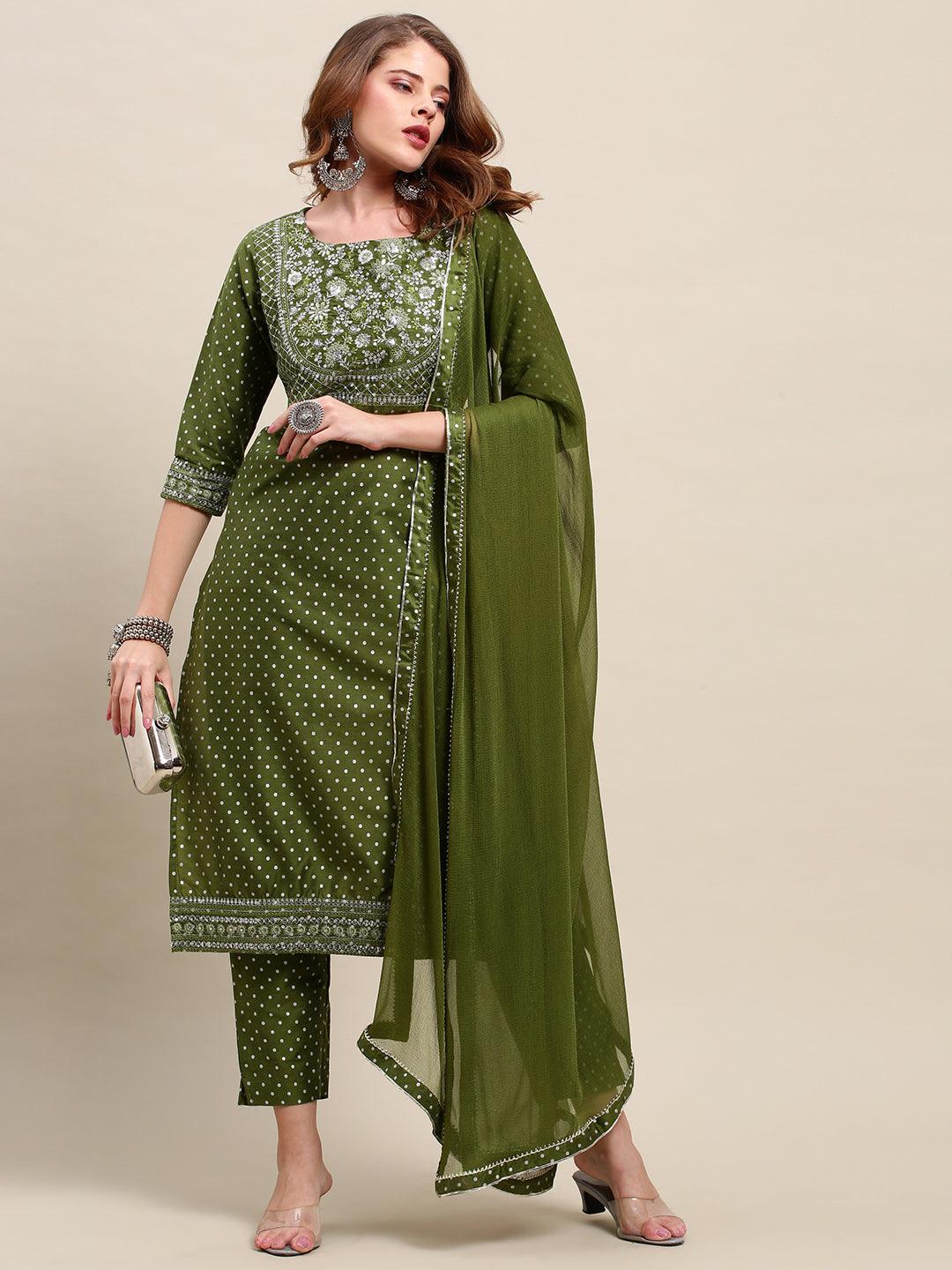 Polka Dots & Embroidered Straight Kurta & Pants with Dupatta - Green - Indiakreations