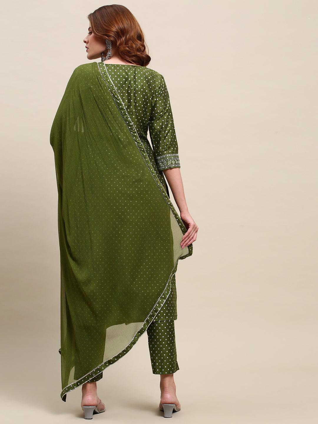 Polka Dots & Embroidered Straight Kurta & Pants with Dupatta - Green - Indiakreations