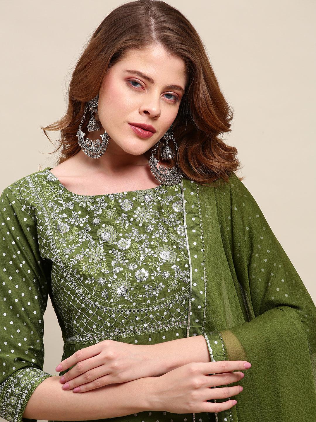 Polka Dots & Embroidered Straight Kurta & Pants with Dupatta - Green - Indiakreations