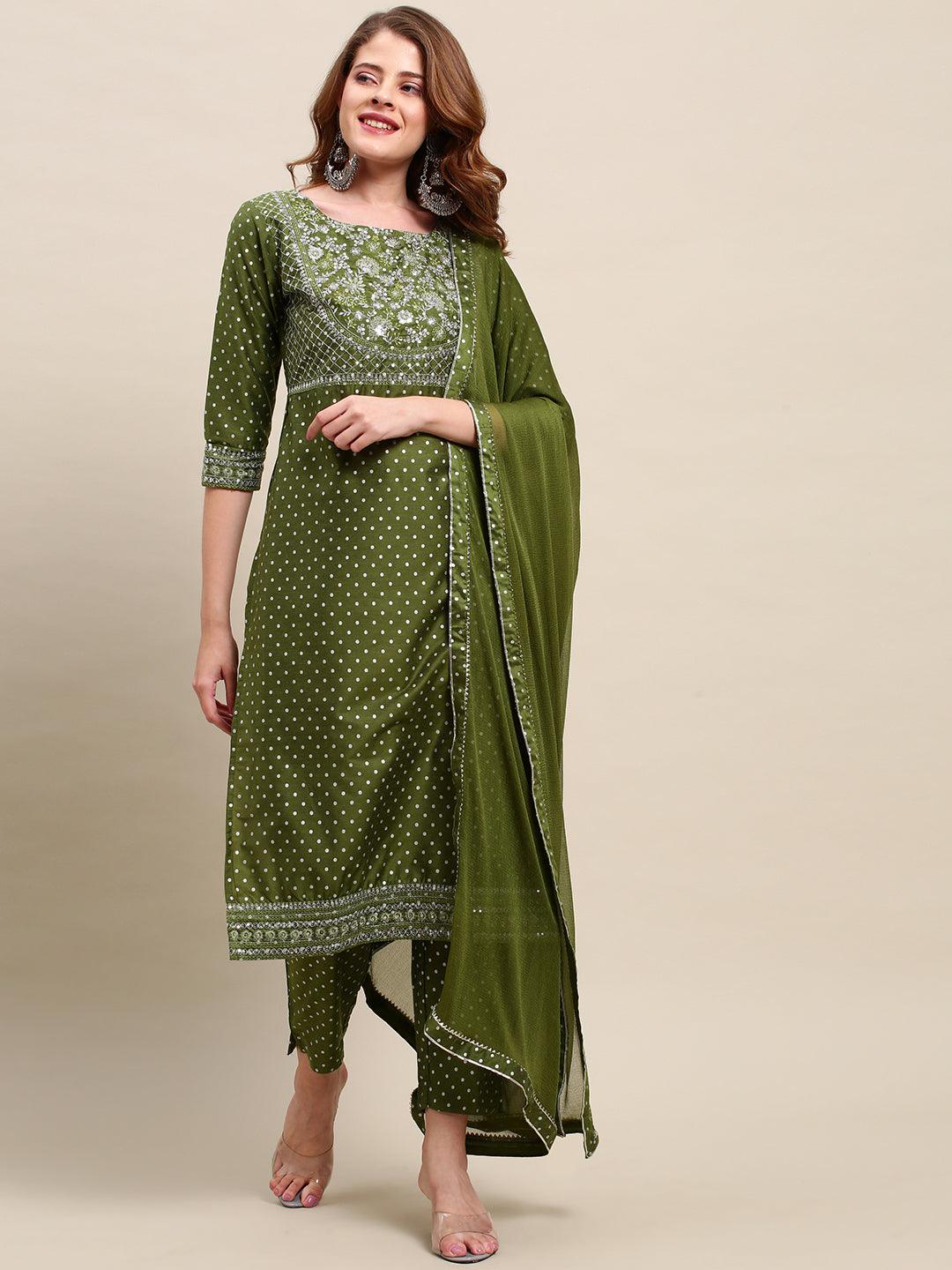 Polka Dots & Embroidered Straight Kurta & Pants with Dupatta - Green - Indiakreations