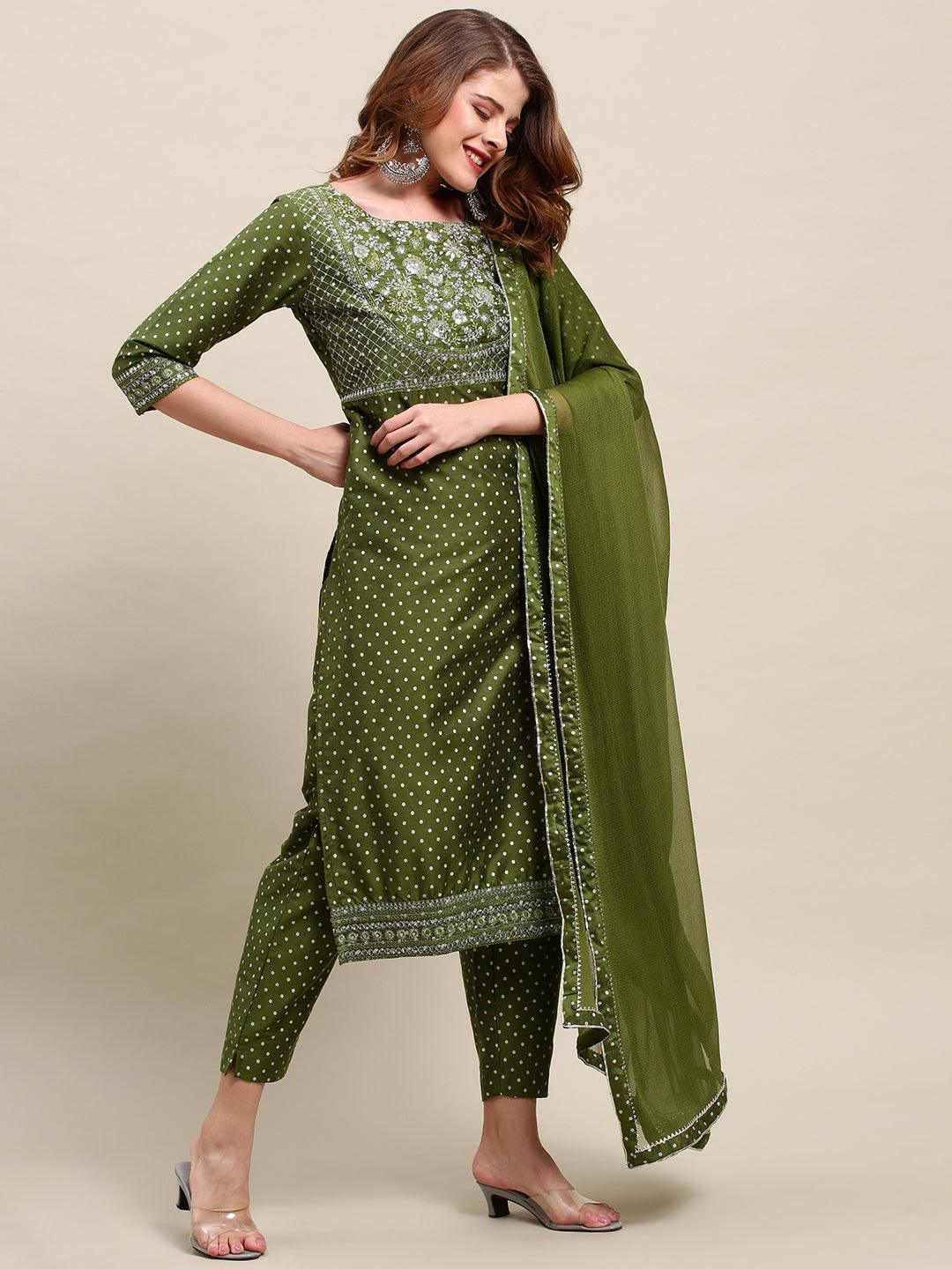 Polka Dots & Embroidered Straight Kurta & Pants with Dupatta - Green - Indiakreations