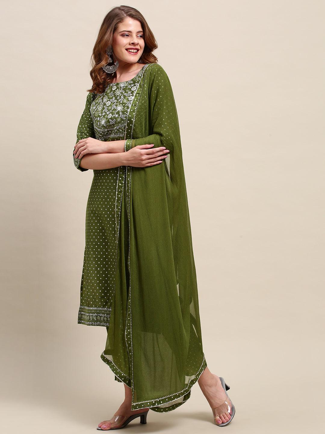 Polka Dots & Embroidered Straight Kurta & Pants with Dupatta - Green - Indiakreations