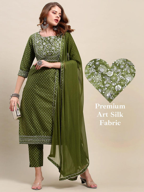 Polka Dots & Embroidered Straight Kurta & Pants with Dupatta - Green - Indiakreations