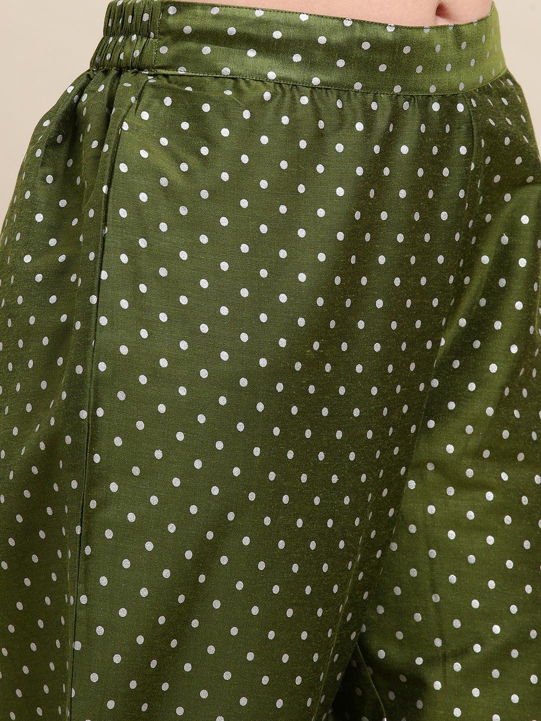 Polka Dots & Embroidered Straight Kurta & Pants with Dupatta - Green - Indiakreations