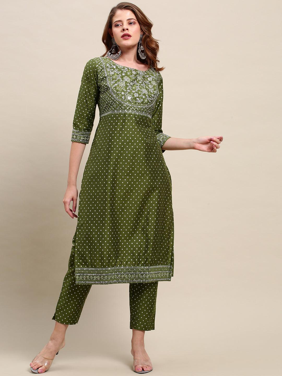 Polka Dots & Embroidered Straight Kurta & Pants with Dupatta - Green - Indiakreations